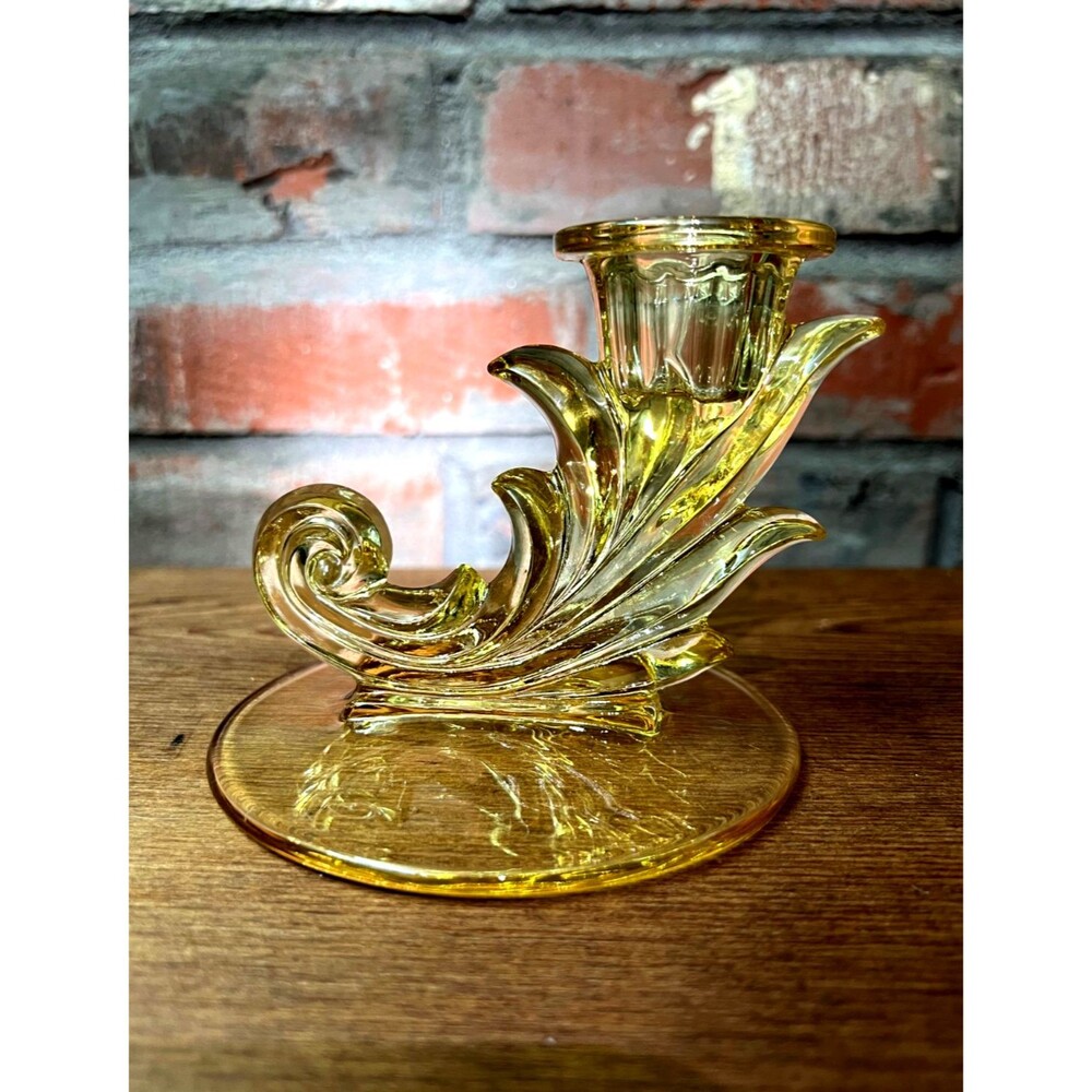 Fostoria Baroque Topaz Yellow Candlestick 4" Cornucopia Vintage